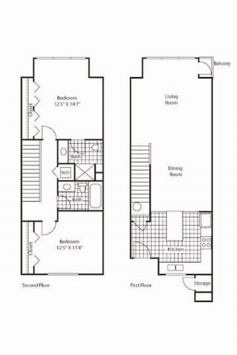 Floor plan for 2 beds, 2.5 baths, 1035 sqft